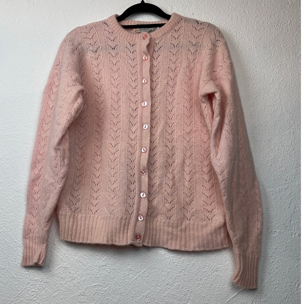 Glenugie Pink Cardigan - 42 - Lambswool Angora Pointelle Knit Scotland Vintage